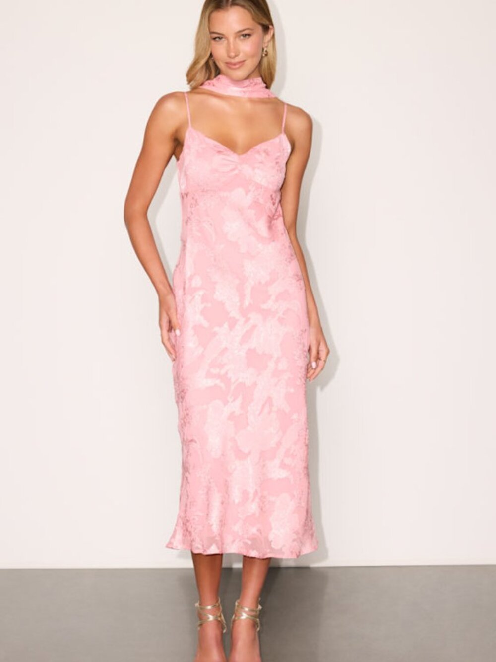 Lulus Aydah Pink Floral Burnout Slip Midi Dress And Scarf Set - Size XL